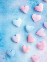 Aufkleber - Colorful heart shaped candies scattered on a light blue background perfect for celebrations and events. Generative AI