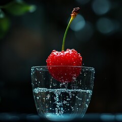 Ripe red cherry splashing into glass of water