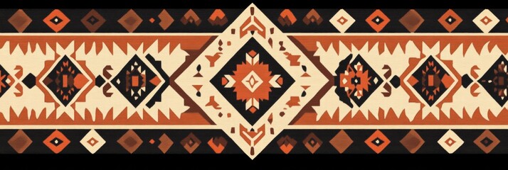 Fototapete - Traditional textile pattern featuring geometric designs and earthy tones creating a lively cultural display. Generative AI