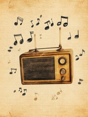 Poster - Vintage radio surrounded by musical notes evokes nostalgia and a love for classic tunes and broadcasts from the past. Generative AI