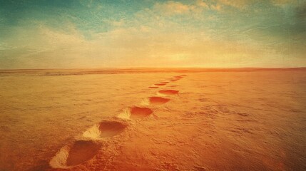 Aufkleber - Footprints lead across a barren landscape during sunset reflecting warm hues in the sky. Generative AI