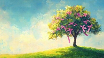 Leinwandbilder - Beautiful tree with pink ribbons under a bright sky on a sunny day in a serene landscape. Generative AI