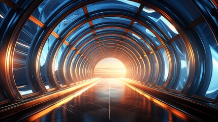 Wall Mural - futuristic tunnel sunrise, circular windows, metallic structure