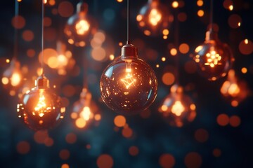 Wall Mural - Hanging light bulbs creating warm, glowing ambiance in dark room
