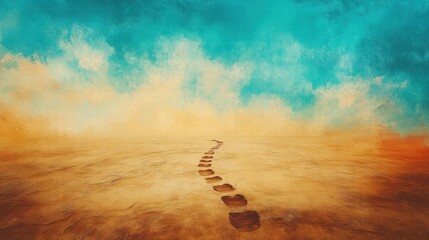 Aufkleber - Footprints traverse a vast desert landscape under a colorful sky at sunset captured in an artistic representation. Generative AI