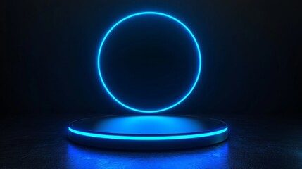 Wall Mural - neon circle platform in dark studio