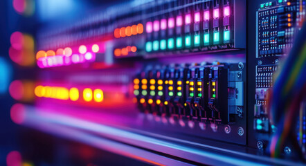 An electrical panel featuring an array of colorful lights and switches highlights the advanced technology used in energy management systems