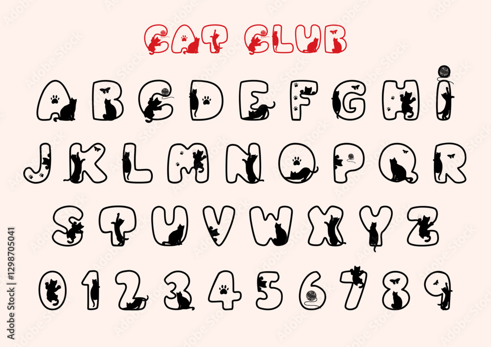 Alphabet letters and numbers with cat shadow, decorative font for ...