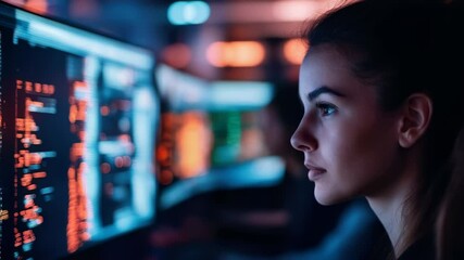 Focused Programmer: Woman Concentrating on Code at Night