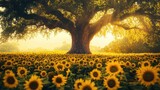 majestic oak tree in sunflower field at sunset