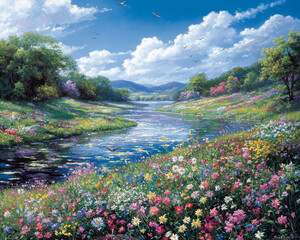 Wall Mural - tranquil river valley views. serene river valley adorned with blooming wildflowers, vibrant colors, 