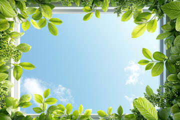 Wall Mural - lush green leaves frame clear blue sky, creating serene and refreshing view