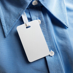 Wall Mural - Blank White Clothing Tag on Light Blue Shirt – Fashion Branding, Retail Label, and Price Tag Mockup