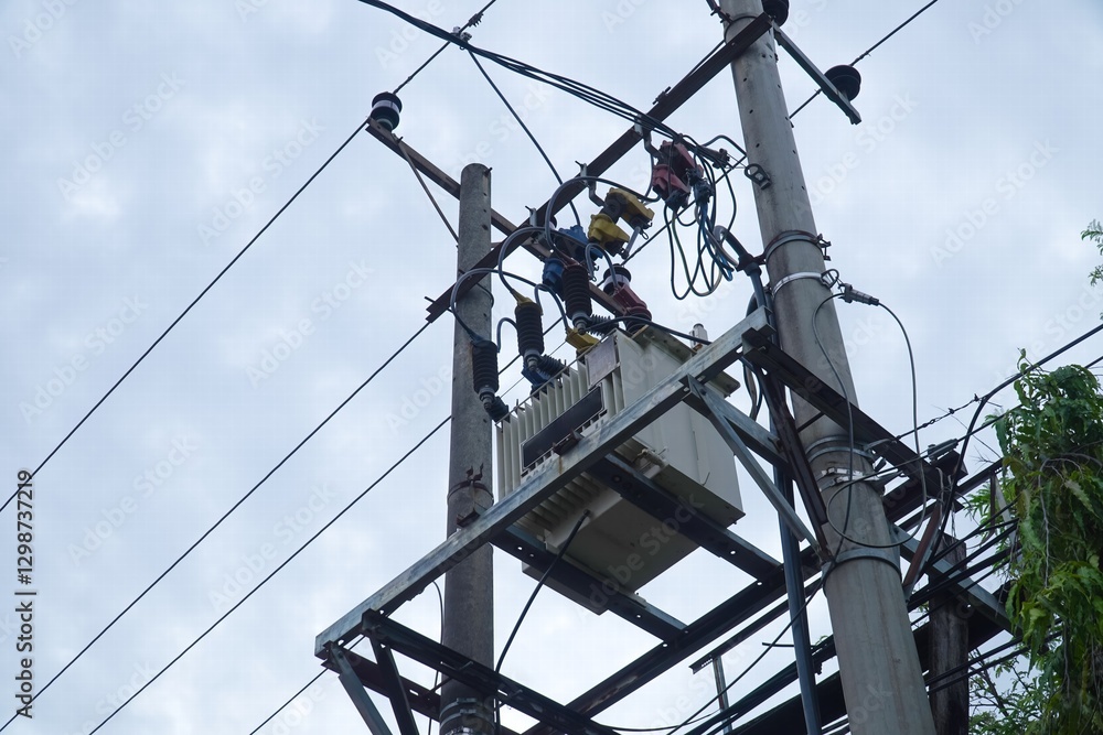 Powerline above ground. Power transmission. Insulation and switches ...