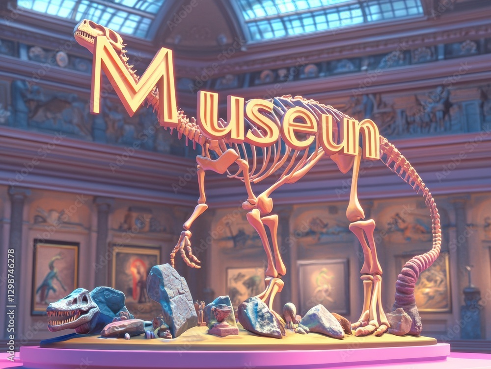 Dinosaur skeleton display in a modern museum with illuminated signage ...