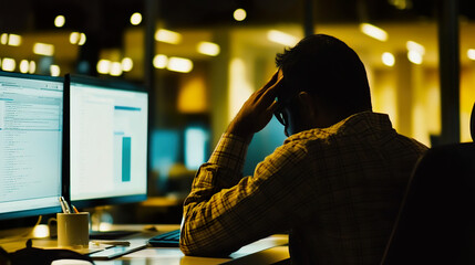 Stressed developer working late at computer setup, surrounded by multiple monitors and coffee cups, showcasing the challenges of modern tech work and mental pressure in a fast-paced digital environmen
