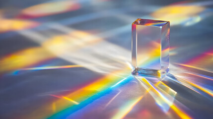 Wall Mural - light refracted through a clear glass cup, creating rainbow-like patterns on a table 