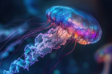 Wall Mural - a dreamlike neural network visualized as bioluminescent jellyfish tendrils intertwining through a cosmic ocean, glowing with electric blues and phosphorescent purples