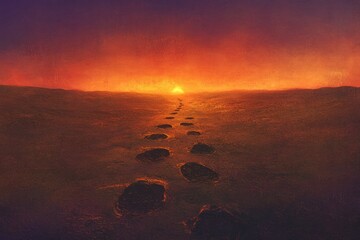 Poster - Footsteps lead toward a vibrant sunset over a tranquil landscape at dusk. Generative AI