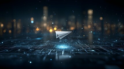 Aufkleber - Dreamlike interstellar vision of planet Earth floating in a vast cosmic expanse enveloped by radiant beams of celestial light  A white paper airplane drifts through the atmosphere