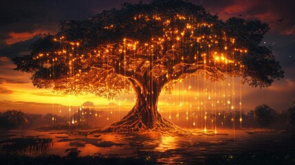 Fototapete - Majestic tree illuminated by glowing lights at sunset near tranquil water in a serene landscape. Generative AI