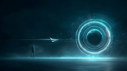 Leinwandbilder - Visionary and futuristic artwork depicting a paper airplane gracefully drifting around a glowing levitating Earth amidst swirling cosmic waves and a sparkling cinematic atmosphere