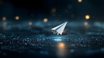 Leinwandbilder - A stunning sci fi inspired cosmic vision showcasing planet Earth gently floating in deep space radiating soft golden energy  A white paper airplane flies in orbit
