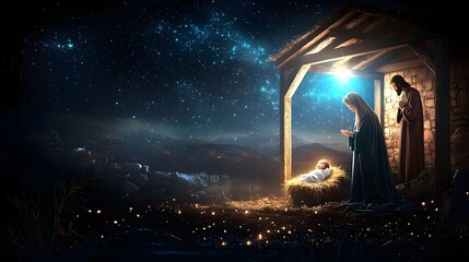 classic nativity composition showing the holy family in a stable baby jesus sleeping in a manger wit