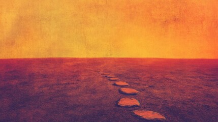 Poster - Lonely pathway of stones guiding towards the warm horizon at dusk in an abstract desert landscape. Generative AI