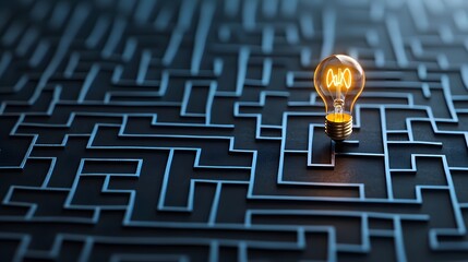 Aufkleber - A glowing light bulb shines brightly within the intricate pathways of a maze symbolizing the process of solving complex problems and generating innovative ideas