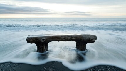 Poster - Wooden Bench Stands on Beach Amidst Rolling Waves