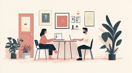 Wall Mural - A woman and man collaborate in a modern workspace, surrounded by plant decor.