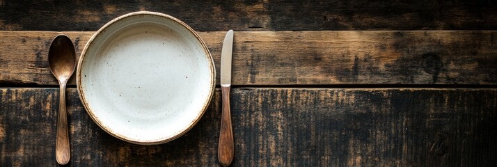 Aufkleber - Rustic wooden table setting with empty plate, spoon, and knife ready for a meal at a casual dining arrangement. Generative AI