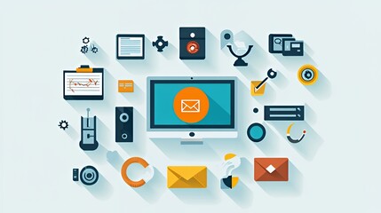 Wall Mural - Colorful digital marketing icons surrounding a computer screen with an email symbol.