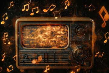 Leinwandbilder - Vintage radio surrounded by musical notes creates a nostalgic atmosphere. Generative AI