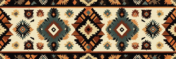 Fototapete - Beautiful woven textile with intricate geometric patterns in earthy tones and vibrant colors. Generative AI