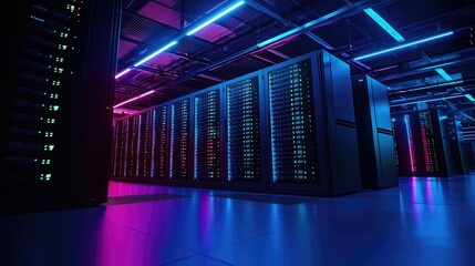 Futuristic data center with vibrant neon lighting and illuminated server racks, representing advanced cloud computing and cybersecurity. Ideal for digital infrastructure and high tech concepts