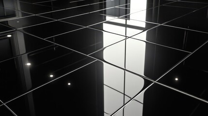 Sticker - Glossy Black Tiles Reflecting Light and Window