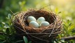 © Elena - Nest with speckled eggs resting gently in lush greenery, illuminated by soft sunlight copy space