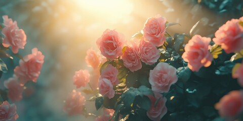 Wall Mural - Lush pink roses bathed in warm sunlight, creating a serene and romantic atmosphere in a garden setting.
