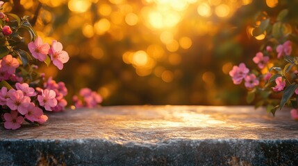 Wall Mural - Delicate pink flowers framing a stone surface, illuminated by warm golden sunlight, creating a serene and tranquil atmosphere.