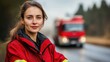 © NickArt - Confident female firefighter in red uniform standing by the roadside, with a fire truck blurred in the background.