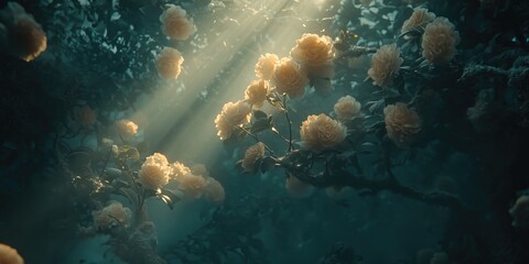 Wall Mural - Soft rays of sunlight filtering through lush foliage, illuminating delicate yellow roses in a tranquil garden setting.