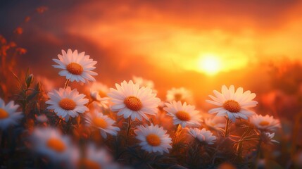 Wall Mural - a tranquil meadow filled with yellow and white daisies, illuminated by a warm sunset glow, creating 