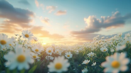 Wall Mural - a tranquil meadow filled with yellow and white wildflowers, illuminated by the warm glow of the sett