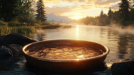 Wall Mural - Calm river reflecting the sunset, with a shallow bowl in the foreground, surrounded by lush greenery and mist.
