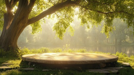 Wall Mural - Tranquil circular platform under a lush tree, surrounded by misty greenery and reflecting water, perfect for meditation.