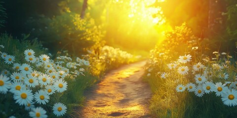 Wall Mural - Sunlit pathway lined with blooming daisies, creating a tranquil atmosphere in a lush green forest.