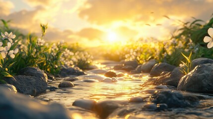 Wall Mural - A tranquil stream surrounded by blooming flowers, reflecting the warm glow of the sunrise, evoking peace and serenity.