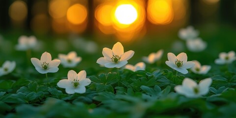 Wall Mural - delicate white flowers blooming in a lush green field, illuminated by the warm glow of the setting s